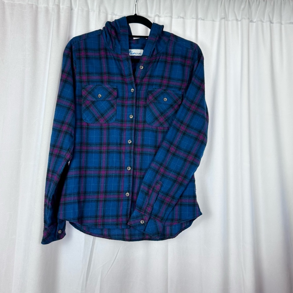 Blue and Purple Plaid Button-Up Hoodie Shirt by Blue Crush, pre-owned